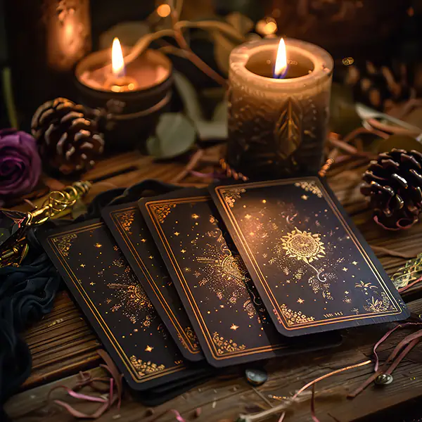 Cartes de tirage d'oracle à côté de bougies